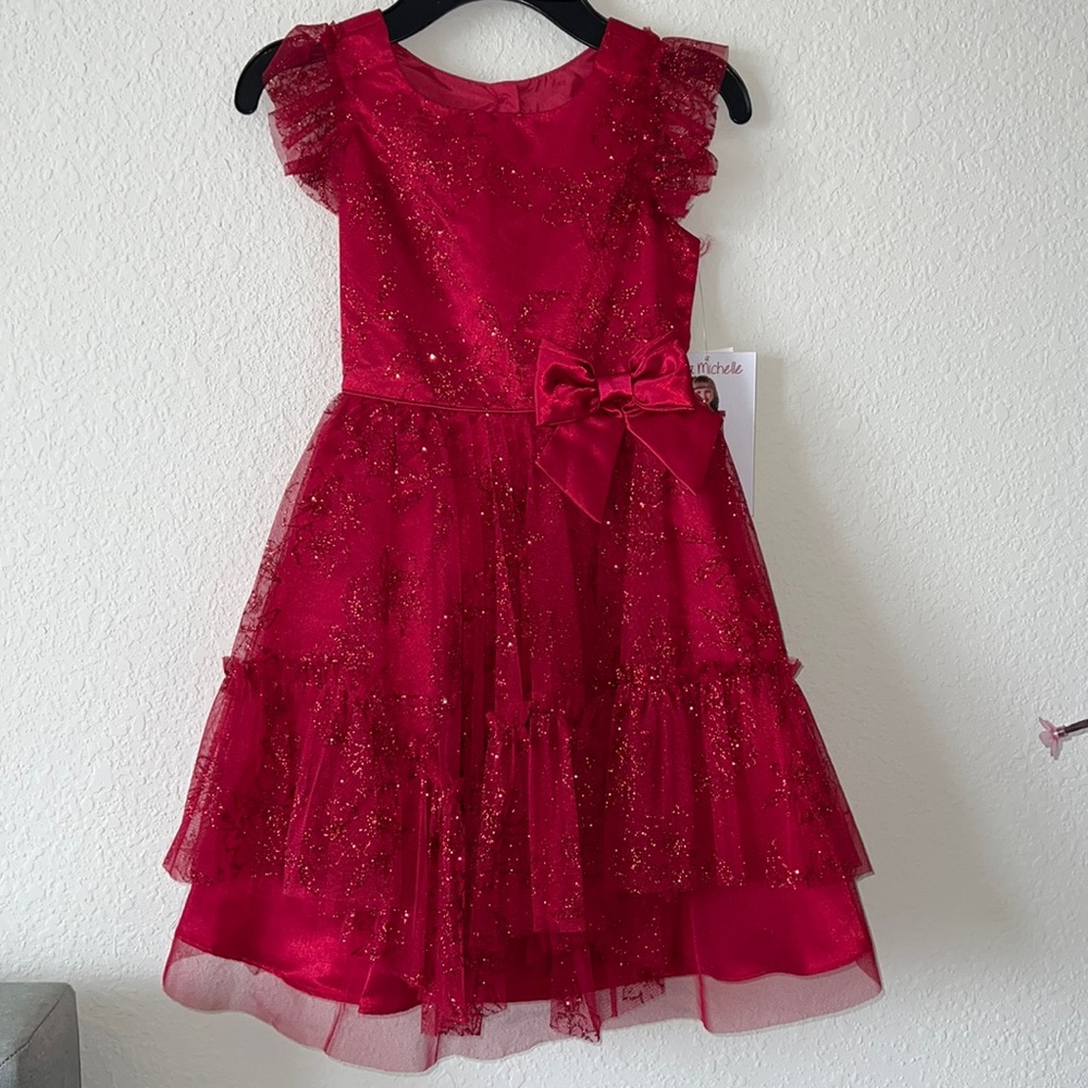 Girls Size 5 Red Glittery Layered Dress